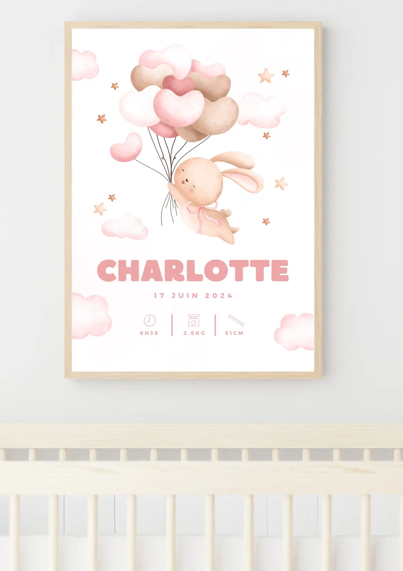 Affiche naissance personnalisé - Lapin rose Didi et Nounours