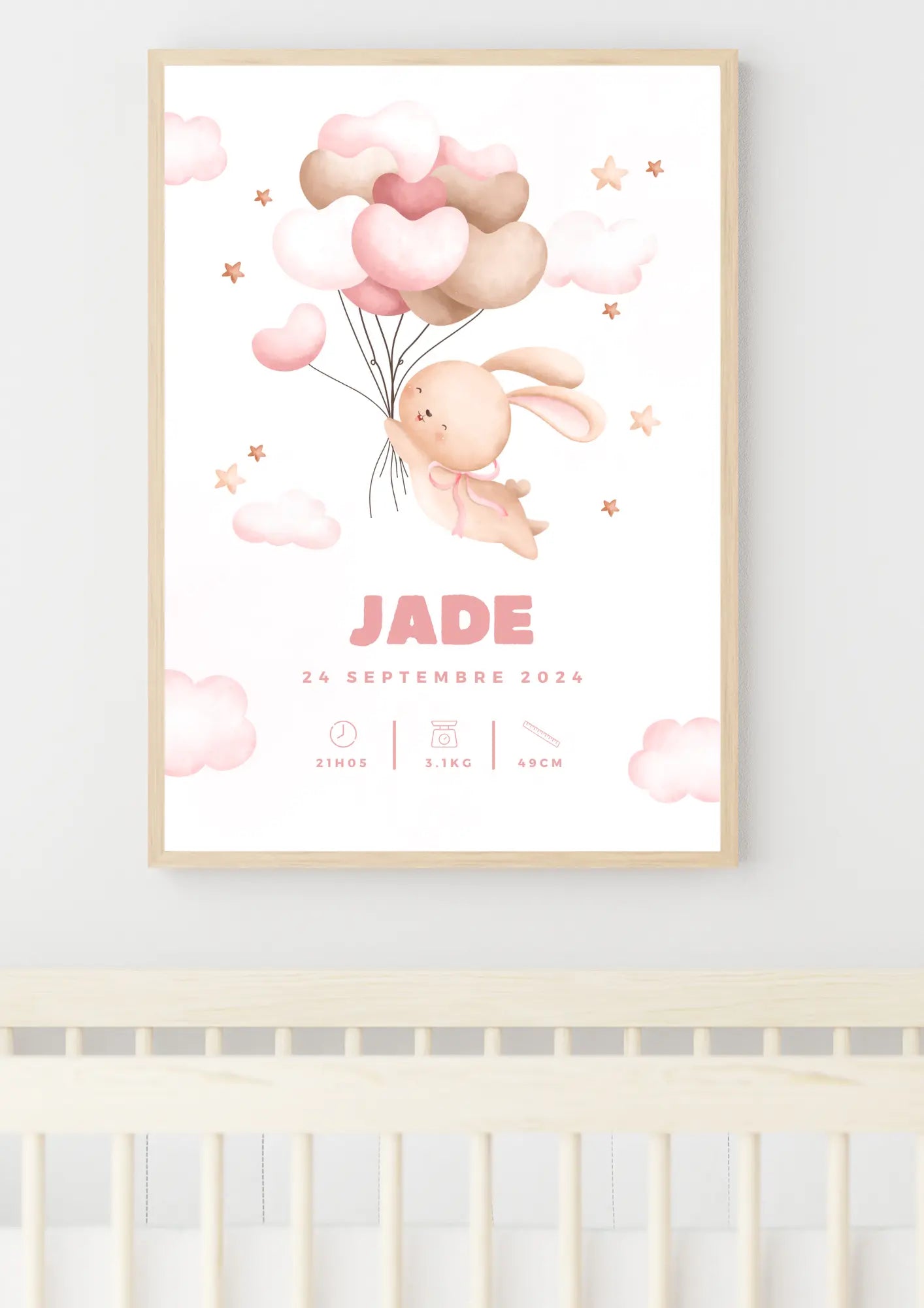 Affiche naissance personnalisé - Lapin rose Didi et Nounours