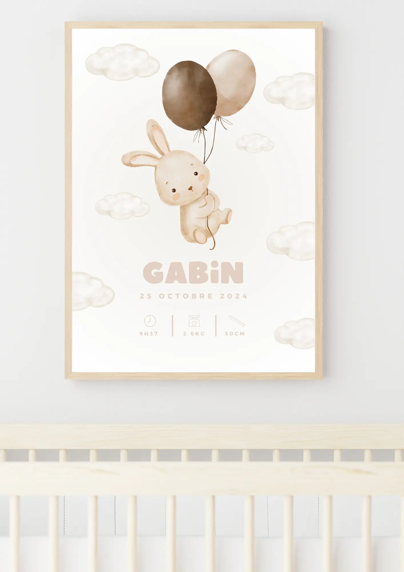 Affiche naissance personnalisée - Lapin beige Didi et Nounours