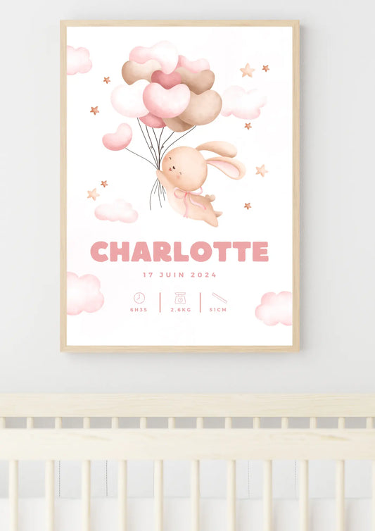 Affiche naissance personnalisé - Lapin rose Didi et Nounours