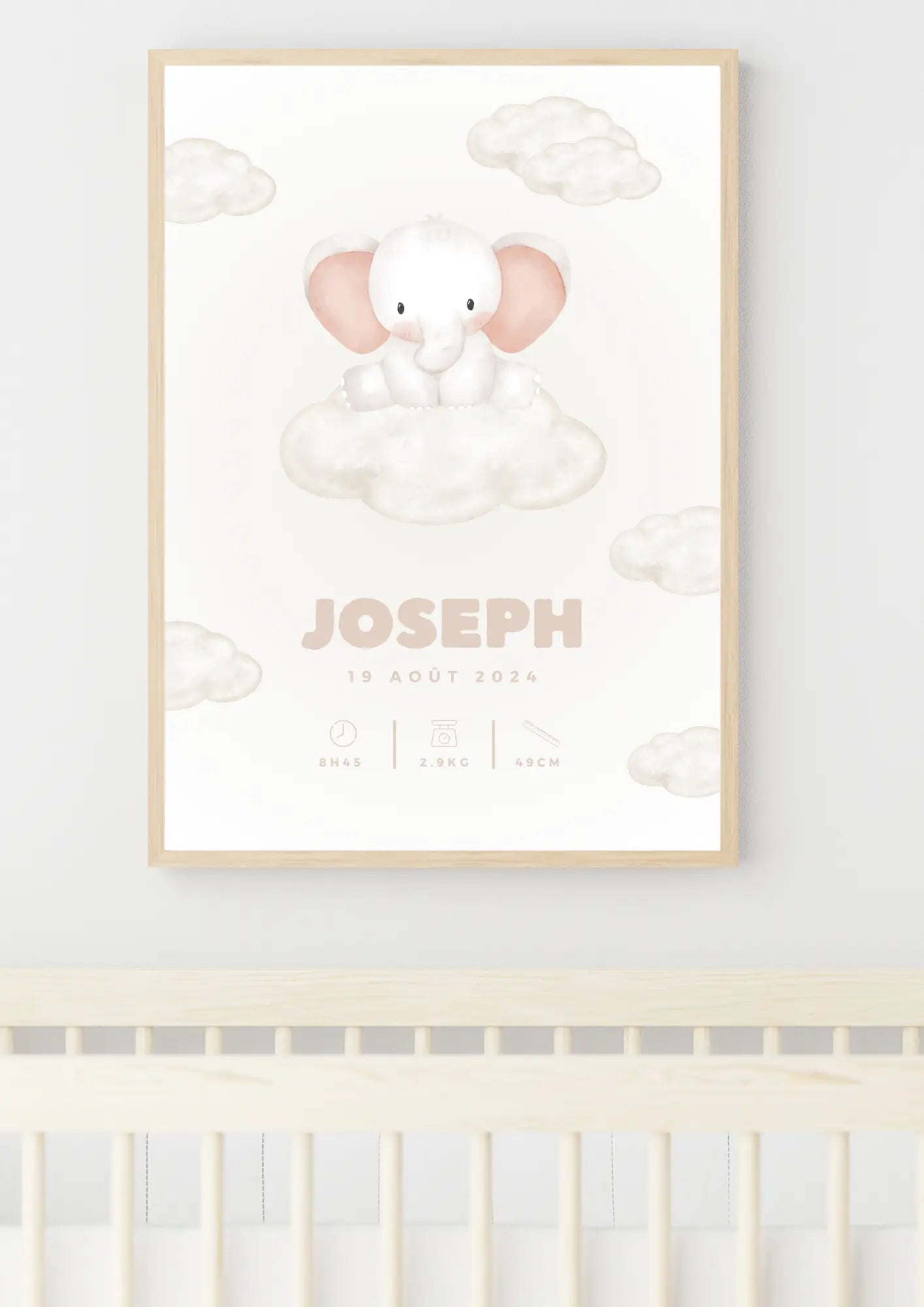 Affiche naissance personnalisée - Éléphant Didi et Nounours