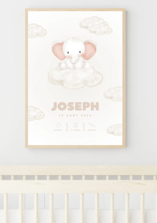 Affiche naissance personnalisée - Éléphant Didi et Nounours